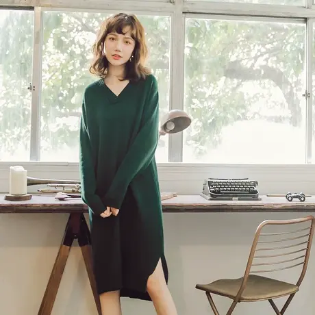 桔熊秋冬季毛衣女下摆开叉宽松温暖加厚针织衫连衣裙子大码FA1763图片