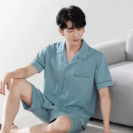 润微男士睡衣夏季棉短袖短裤大码薄款可外穿休闲舒适家居服套装商品大图