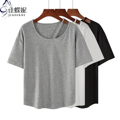 夏季新款韩版宽松休闲大码纯色圆领下摆圆弧短袖体恤上衣女装商品大图
