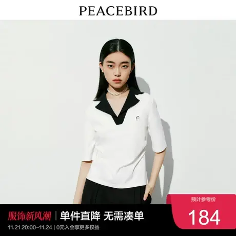 太平鸟褶皱POLO衫短袖女西装领通勤气质别致上衣收腰中袖设计感商品大图