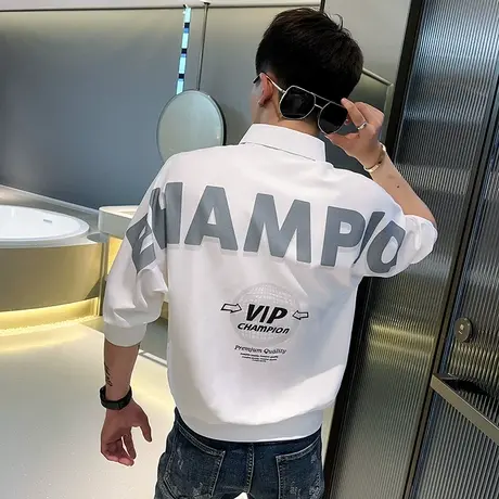 夏季男士衬衫上衣长袖宽松中袖潮流休闲帅气发型师潮牌ins衬衣商品大图