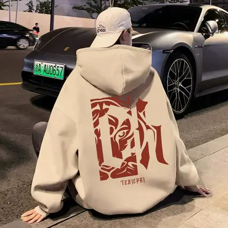 国潮虎头印花连帽卫衣男春秋季新款2024小众高街外套情侣休闲帽衫图片
