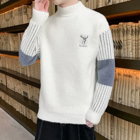 秋季毛衣男士潮流内搭一体水貂绒打底衫加厚半高领保暖上衣服线衣商品大图