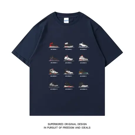 美式复古潮牌球鞋印花纯棉短袖T恤男女夏季宽松休闲情侣半袖体恤商品大图