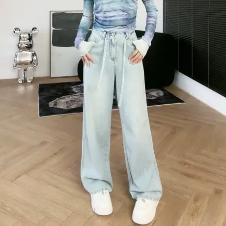 尔给潮牌浅蓝色直筒牛仔裤女夏季薄款小个子2023年新款宽松长裤图片