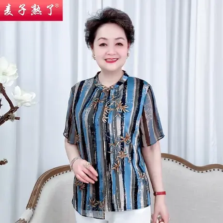 妈妈夏装短袖T恤衫洋气小衫上衣仿真丝2022新款中老年女装雪纺图片