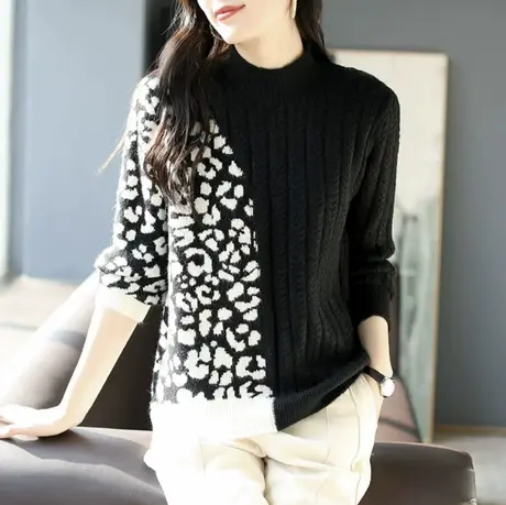 宝诗黎豹纹提花毛衣女新款软糯宽松打底衫2023半高领针织上衣早春商品大图