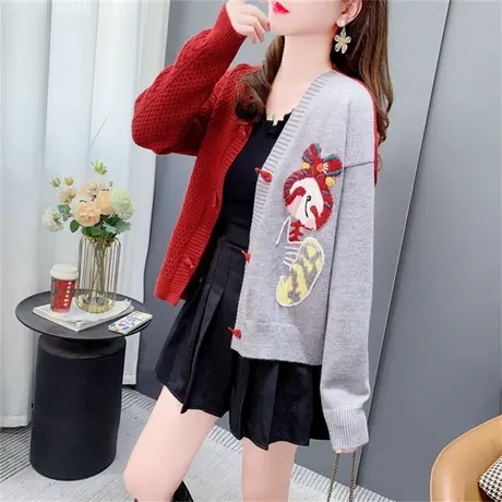 中国风撞色拼接毛衣开衫女2023年新款春秋宽松设计感复古上衣外套商品大图