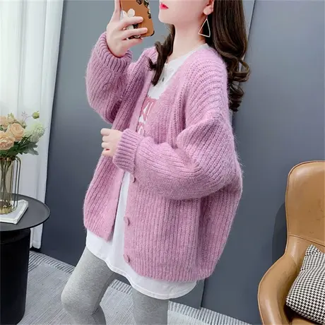 慵懒风粗毛线V领针织开衫女秋冬新款韩版宽松百搭毛衣外套上衣ins图片