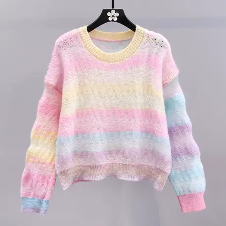 彩虹条纹毛衣女秋冬2023新款日系甜美宽松显瘦长袖短款针织衫上衣图片