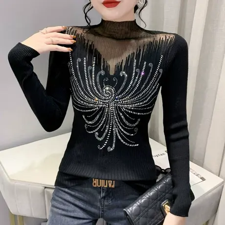 欧货网纱拼接针织衫女秋冬半高领打底上衣长袖紧身内搭套头毛衣潮图片