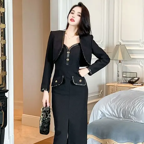 洋气时髦小个子黑色西装长袖外套女轻奢名媛炸街显瘦开衫上衣短款图片