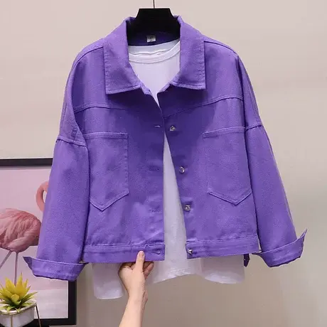 紫色休闲牛仔外套女2023春季新款韩版宽松设计感小众短款夹克上衣商品大图