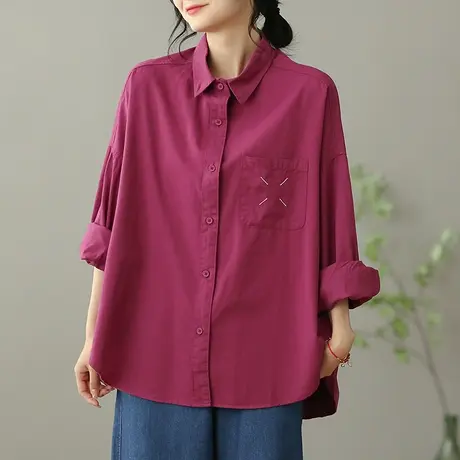 dza 宽松短款白色长袖衬衫女士春季休闲翻领上衣百搭复古内搭衬衣图片