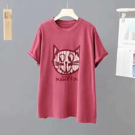 春夏新款纯棉猫咪印花短袖女大码宽松T恤衫休闲上衣打底衫体恤潮图片