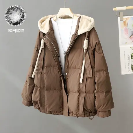 冬季新款韩版拼色连帽加厚白鸭绒外套宽松面包服时尚百搭羽绒服潮图片