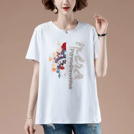 白色短袖T恤女夏季宽松加大码女装中年妈妈休闲烫钻纯棉显瘦体恤图片