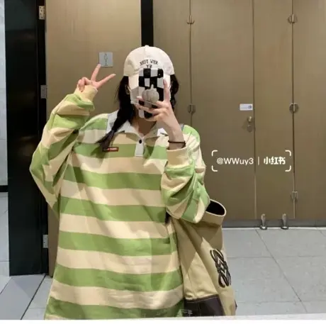 韩版ins宽松长袖条纹T恤女原宿风百搭多巴胺小个子盐系卫衣Polo衫商品大图