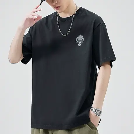 夏季全棉骷髅头圆领短袖t恤衫男生青少年帅气2023新款男士上衣服图片