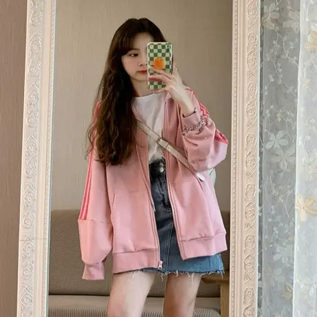 慵懒风连帽卫衣女秋装2024新款韩版粉色开衫休闲运动上衣帽衫外套商品大图