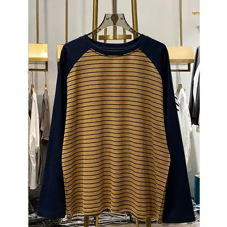 2023春秋季新款圆领条纹插肩长袖T恤女韩版宽松百搭打底衫上衣潮商品大图