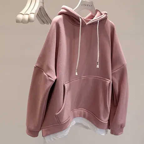 加绒加厚！保暖舒适一体绒假两件连帽卫衣女宽松慵懒纯色帽衫上衣商品大图