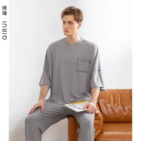 绮瑞2022年新款男士春秋季家居服简约宽松半袖莫代尔棉睡衣男秋款商品大图