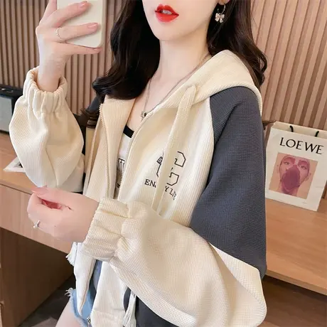 早秋装外套女2023新款春秋季韩版宽松大码薄款小个子撞色开衫卫衣商品大图