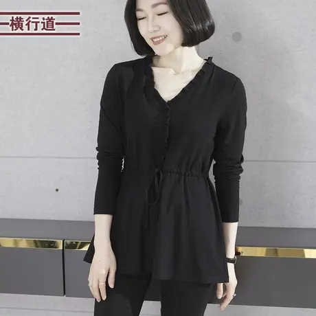 2025春季新简约V领收腰中长款上衣木耳边抽绳长袖大码女T恤妈妈装商品大图
