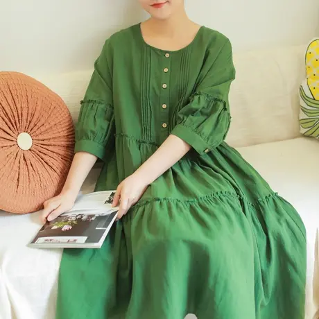 【买一送一】夏森系法式复古五分袖连衣裙大码宽松苎麻蛋糕长裙商品大图