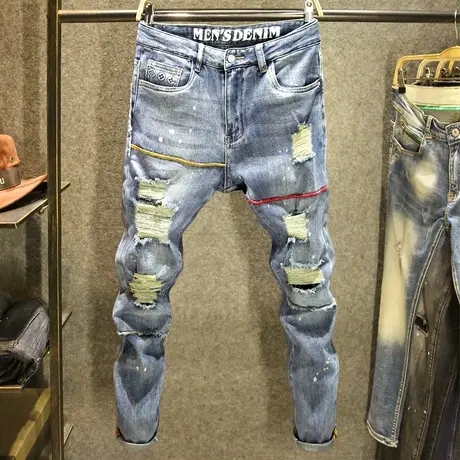 潮牌拼接牛仔裤男大破洞修身小脚裤高街ins潮毛边设计刮烂乞丐裤商品大图