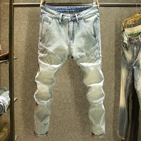 秋季高街设计感牛仔裤男款修身小脚裤新款复古拼接个性机车长裤子商品大图