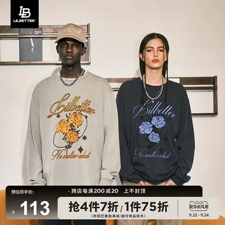 Lilbetter落肩长袖T恤男潮流情侣装圆领体恤美式上衣复古打底衫秋商品大图
