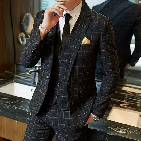 春秋男士西服套装三件套韩版修身小西装格子休闲伴郎新郎结婚礼服商品大图