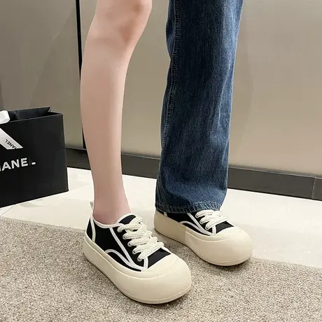 2024年春季新款松糕厚底小白鞋女一脚蹬帆布鞋小众百搭休闲板鞋女图片