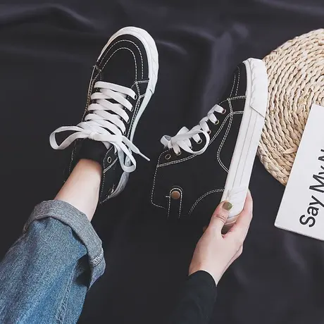 高帮帆布鞋女2020秋新款潮鞋ins韩版ulzzang百搭复古港味运动板鞋图片