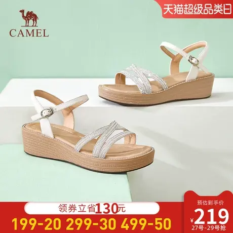 骆驼女鞋2024年夏季新款一字带水钻粗高跟休闲坡跟时装凉鞋女商品大图
