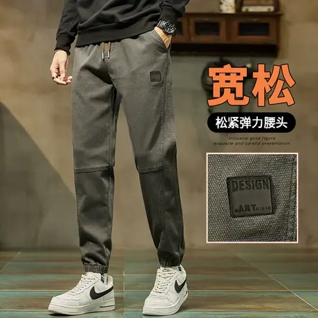春秋款痞帅气拼接美式潮牌束脚休闲裤子秋冬季男款哈伦军绿色工装商品大图