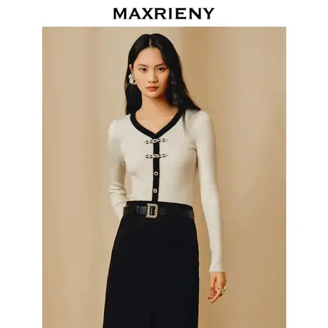 [3件8折]MAXRIENY国风新中式撞色边套头针织衫修身上衣图片