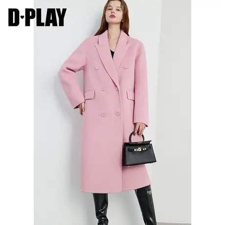 DPLAY冬气质轻奢粉色枪驳领中长款重磅羊毛双面呢大衣商品大图