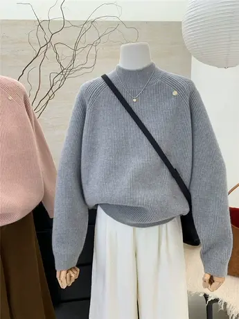 冬季韩系半高领加厚设计感小众金扣加厚百搭毛衣女内搭多巴胺上衣商品大图