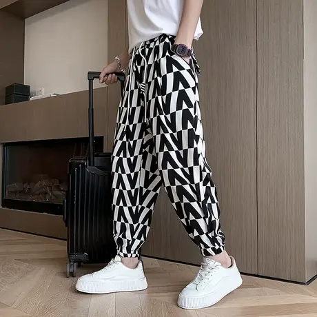 夏季男休闲裤九分裤裤子宽松直筒花色哈伦学生潮流薄款运动9分裤商品大图