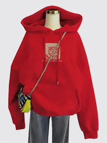 红色龙年本命年衣服加绒卫衣女秋冬2024新年爆款加厚大红连帽外套商品大图