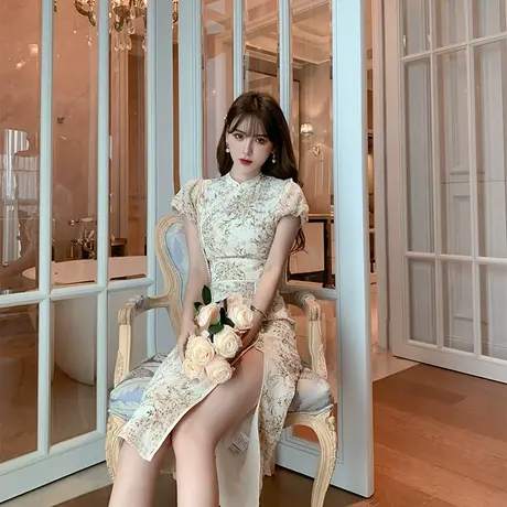 新款女礼服复古旗袍改良版刺绣连衣裙法式轻奢小众性感女装气质商品大图