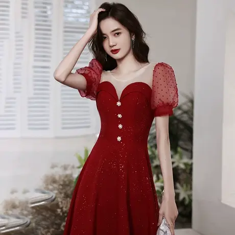 敬酒服新娘2023新款夏季小个子回门订婚结婚礼服连衣裙法式泡泡袖图片