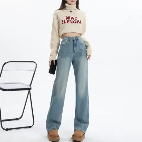 后开叉阔腿牛仔裤女2024年春秋新款复古高腰宽松小个子直筒拖地裤商品大图