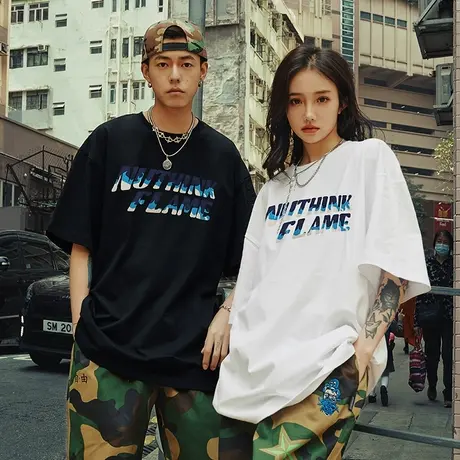 Nuthink情侣刺绣字母男女同款t恤短袖潮牌宽松潮流情侣装半袖夏季商品大图
