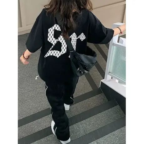 纯棉重磅美式复古设计感短袖t恤女春夏季高街ins潮牌宽松大码上衣图片