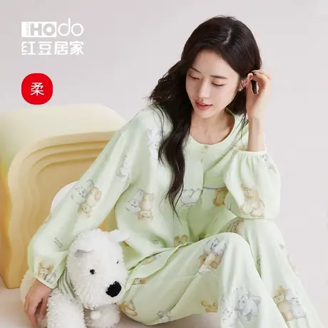 红豆【双层纱】A类纯棉睡衣女春秋长袖宽松透气短袖夏家居服套装商品大图