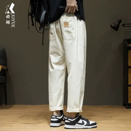 希越冰感提花条休闲直筒裤男士2024春季宽松大码高级感纯棉萝卜裤商品大图